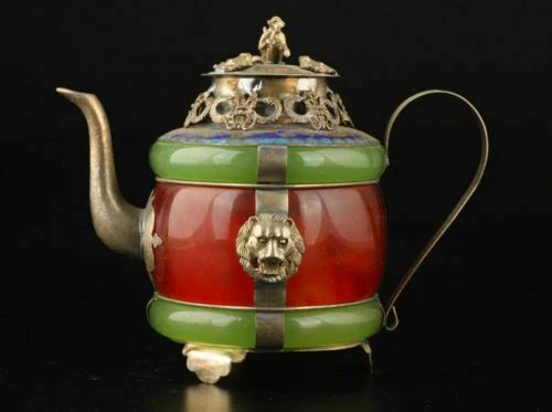 Chinese handwork old green & Red jade bracelet inlay tibet-silver dragon teapot