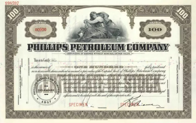 Phillips Petroleum Co. - Specimen Oil Stock Certificate - Merged with Conoco - S