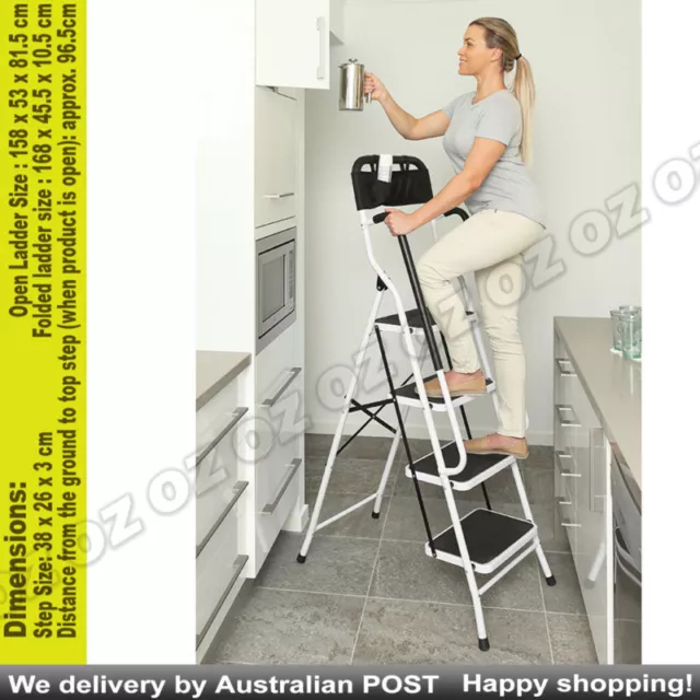 Fold out steel ladder with oversized steps Step up more safely & securely 2