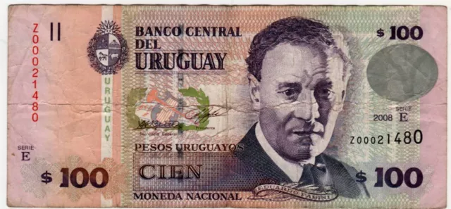 Uruguay Replacement 100 Pesos Serial E Year 2008 Eduardo Fabini #Z00021480 F/Vf
