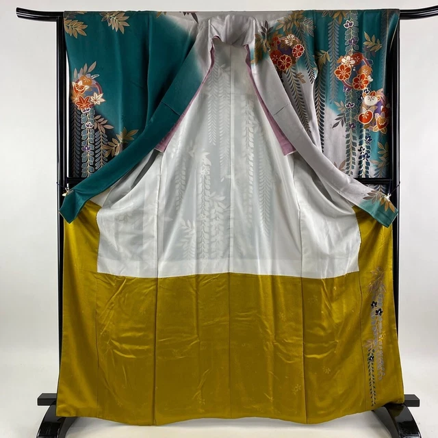 Woman Japanese Kimono Furisode Silk Tachibana Flower Gold Thread Foil Japan
