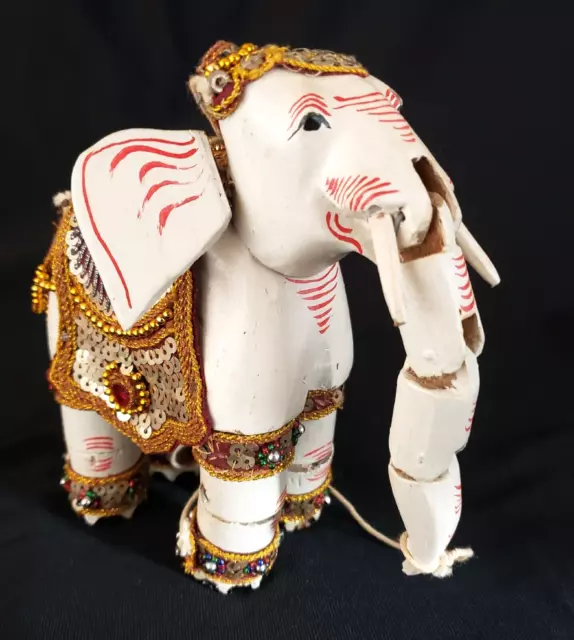 Vintage Thai Burmese Wooden Marionette String White Golden Elephant Puppet 6"