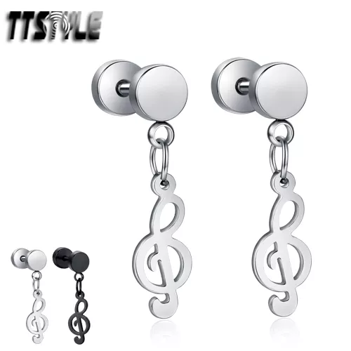 TTstyle Surgical Steel Music Note Dangle Earrings Silver/Black A Pair NEW