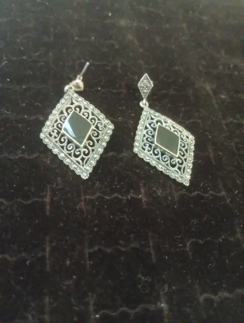 Sterling Silver Earrings Art Deco Filigree Diamond Shape Drop Dangle Onyxes 925