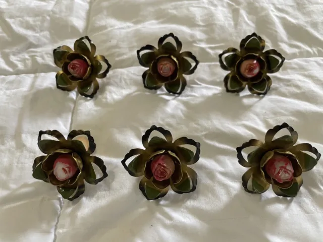 6 Vintage Metal Curtain Push Pin Tie Backs Gold with Plastic Rose Center Flower