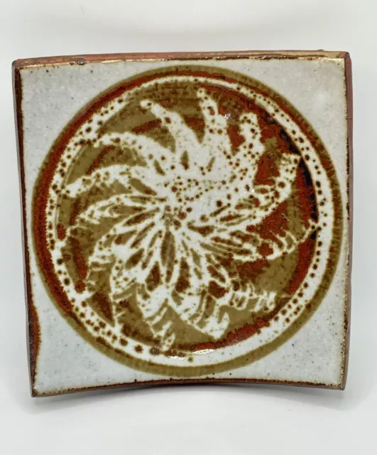 Handmade Glazed Pottery 5.25” Curved Square Candle Holder / Trivet Signed