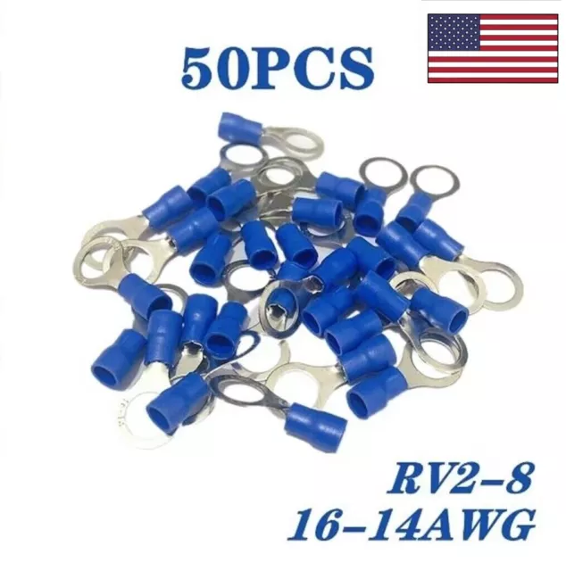 50 Blue Wire Ring Terminals Vinyl Insulated 16-14AWG Ring Audio Crimp Connectors