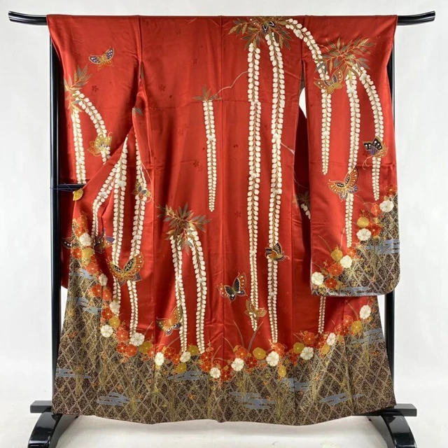 Japanese Kimono Furisode Pure Silk Butterfly Flowers Gold Thread Gold Paint Red