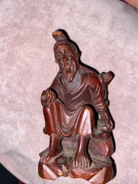 VTG Chinese Hand Carved Wood Sculpture Figurine Old Man Sitting 4.5”