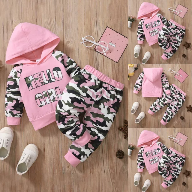 2PCS Toddler Baby Girls Camo Hooded Tops + Pants Tracksuit Outfit Clothes Set