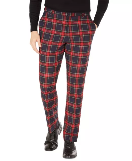 Tommy Hilfiger Men's Modern-Fit Stretch Dress Pants 30 x 30 Navy Red Plaid