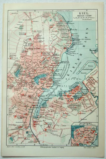 Kiel, Germany - Original 1905 City Map by Meyers. Antique