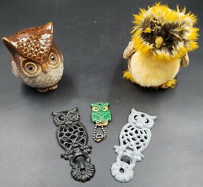 5 PC Vintage Owl Gift Lot Keychain Plush Figurine Cast Iron Wall Hook Novelty