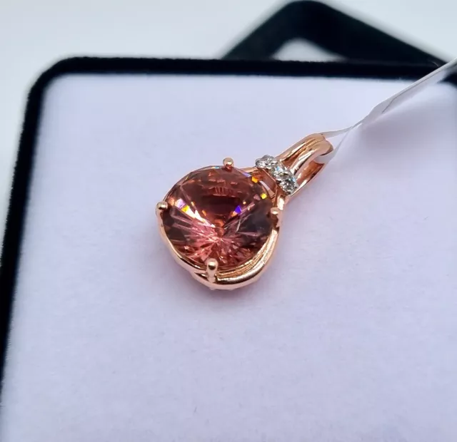 Certified Pendant with 4Ct Natural Pink Tourmaline and Diamonds, 14 Karat Rose G