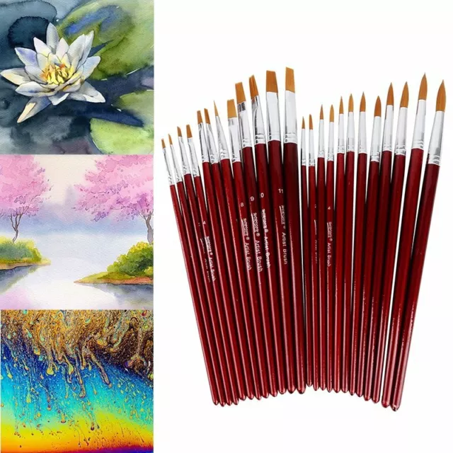 24 Art Painting Brushes Set Acrylic Oil Watercolor Artist Flat Round Paint Brush