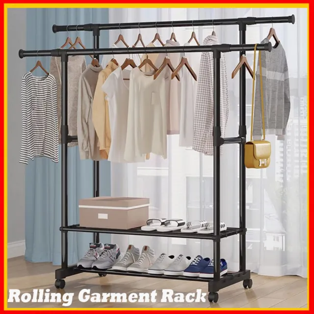 Heavy Duty Clothing Garment Rack Rolling Clothes Organizer Double Rails w/ Wheel
