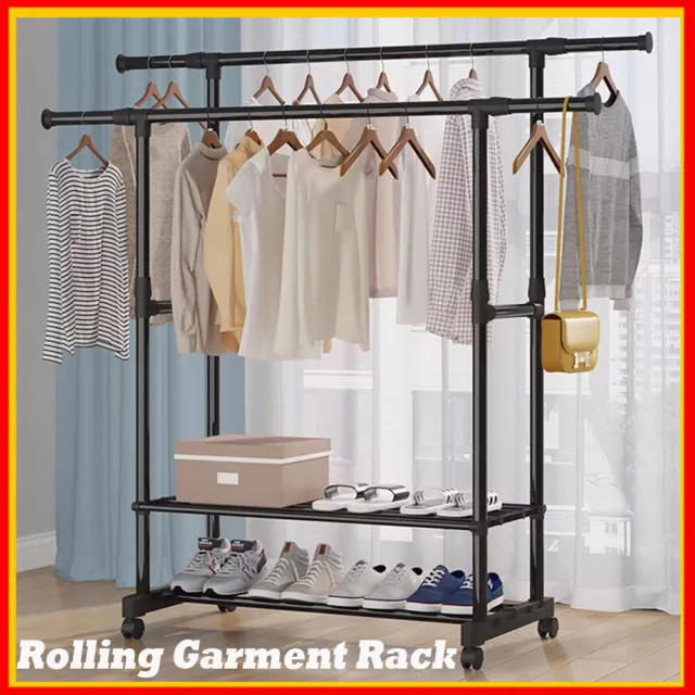 Heavy Duty Clothing Garment Rack Rolling Clothes Organizer Double Rails w/ Wheel Heavy Duty Clothing Garment Rack Rolling Clothes Organizer Double Rails w/ Wheel