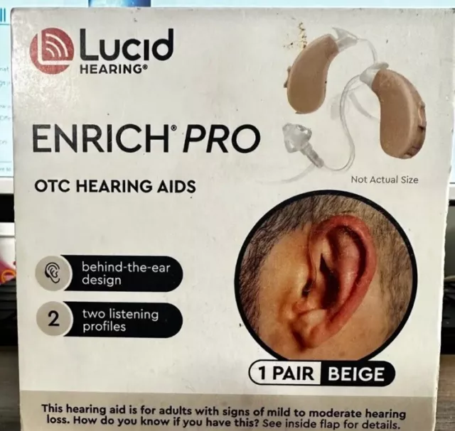 Lucid Hearing Enrich Pro OTC Hearing Aids Behind-The-Ear Design Beige NEW OPEN
