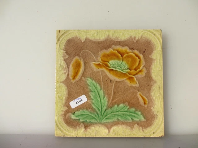 Antique Ceramic Tile Vintage Floral Art Nouveau Flowers Old Leaf