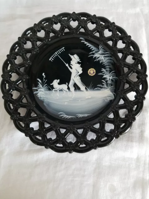 Westmoreland Black Glass Hand Painted Plate w/ Mary Gregory Design BOY & DOG