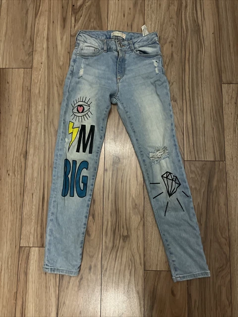 Jeans da ragazza Zara blu chiaro denim graffiti effetto invecchiato skinny fit età 11/12