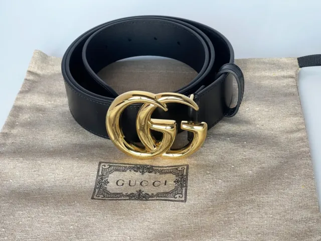 GUCCI Women's GG Leather Belt Black  Size 100-40 Shiny Gold Buckle