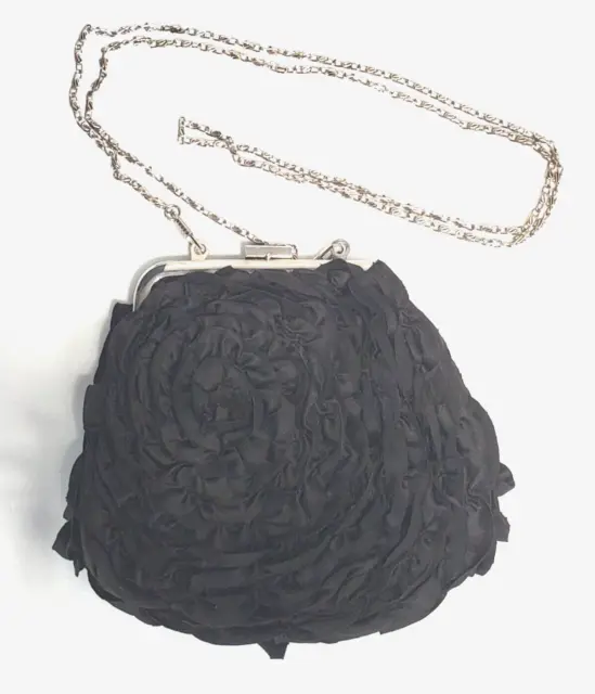 White House Black Market Purse Small Gothic Black Chain Strap Rose Flower Ruffle