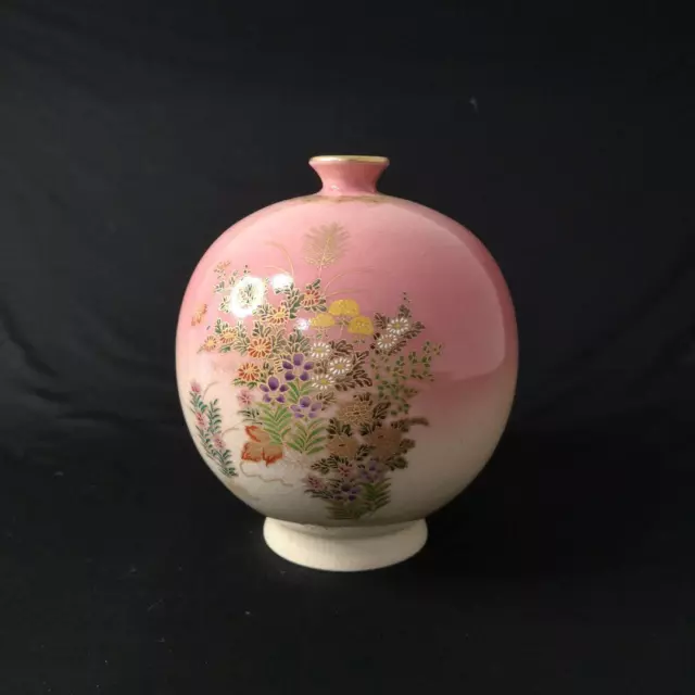 Satsuma ware Japanese pottery vase Pot 7.8 inch Pink color flower pattern