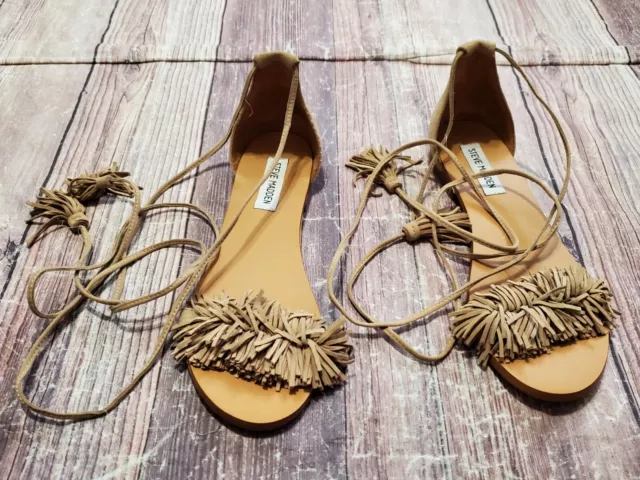 Steve Madden Sweety Fringe Ankle Tie Suede Gladiator Flat Sandals Brown Sz 8.5 2