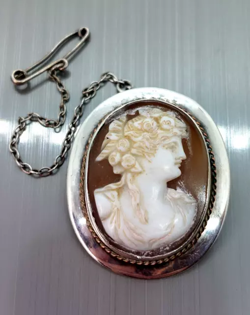 Antique Solid Silver Cameo Brooch with Safety Chain