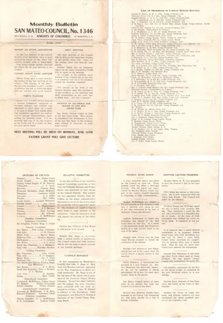 1918 San Mateo California Bulletin Published by the Knights Of Columbus Council