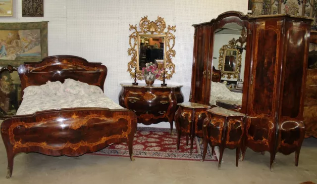 Antique Inlaid French Bombay Burl Walnut 5 Piece Bedroom Set Queen Bed C1880