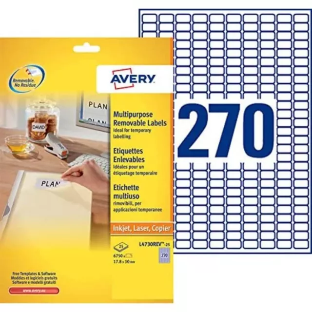 Avery L4730REV-25 Self-Adhesive Removable Labels, 270 Labels per A4 Sheet, white
