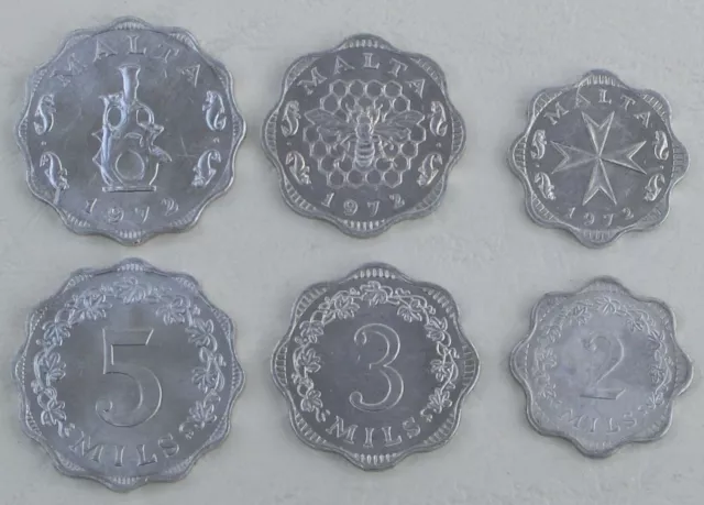 Malta 2+3+5 Milésimas de Pulgada Monedas de Curso 1972 sin circular