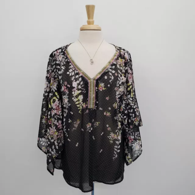 Zac & Rachel Floral Sheer Black Polka Dot Kimono Top Womens Plus Size 2X V-Neck