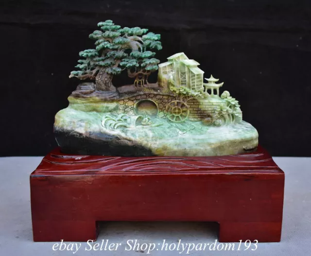 11" Chinese Natural Dushan Jade Carved Mountain Tree House Boat Ship Statue Y