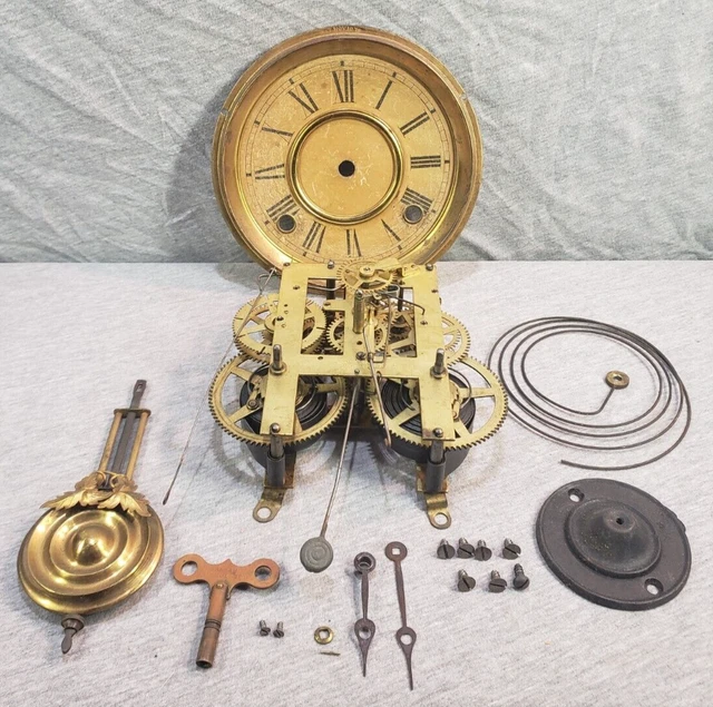 ANTIQUE E. INGRAHAM Kitchen Clock Movement, Dial, Chime & More Parts