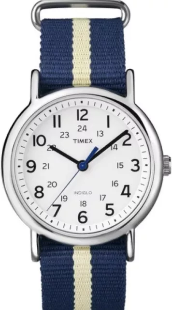 Timex Weekender Slip Through Watch with White Dial and Blue Nylon Strap T2P142