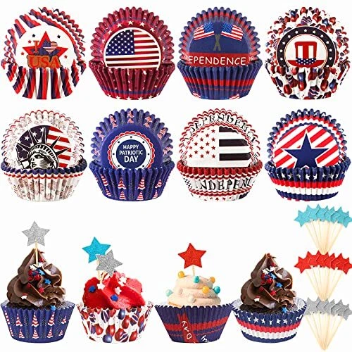 4th of July Cupcake Liners and Star Cupcake Toppers,  400Pcs Baking Cups