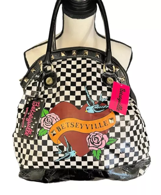 NWT Vintage Y2K Betseyville Betsey Johnson Checkered Heart Oversized Bag Purse