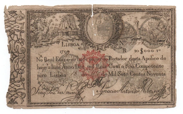 Portugal Portuguese Empire King Pedro Iv 10$000 10000 Reis 1799 P 41A Look Scans