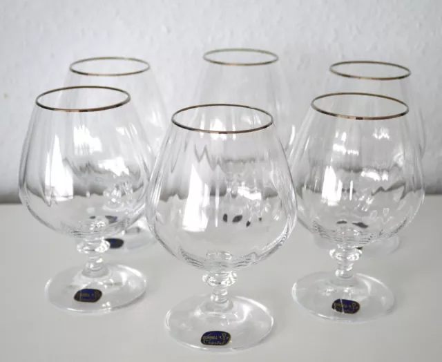 6 x BOHEMIA Crystal Gläser Cognac Gewelltes Gläser mit Silberrand modern 400ml.