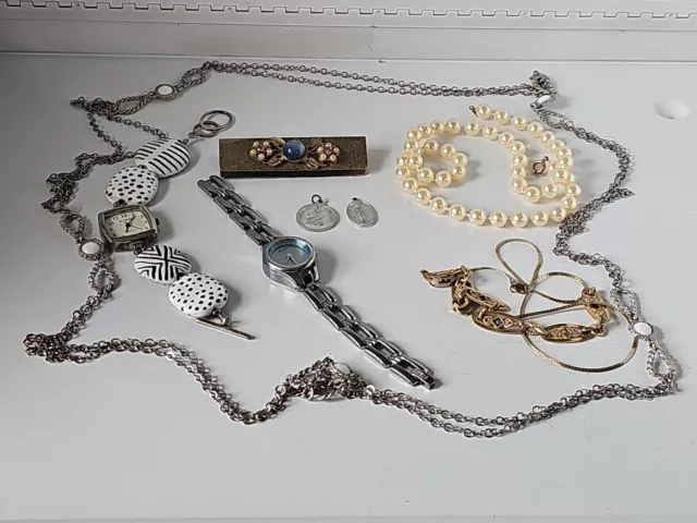 Vintage Junk Drawer Lot Jewelry Watches Emmons Signed Bracelet Brooch Pin #236