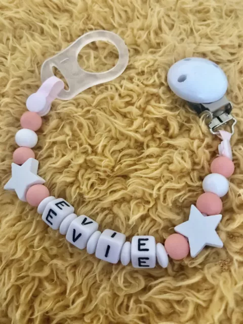 Personalised Baby Dummy Clip Strap Shower Christening PEACH Free Mam Adapter