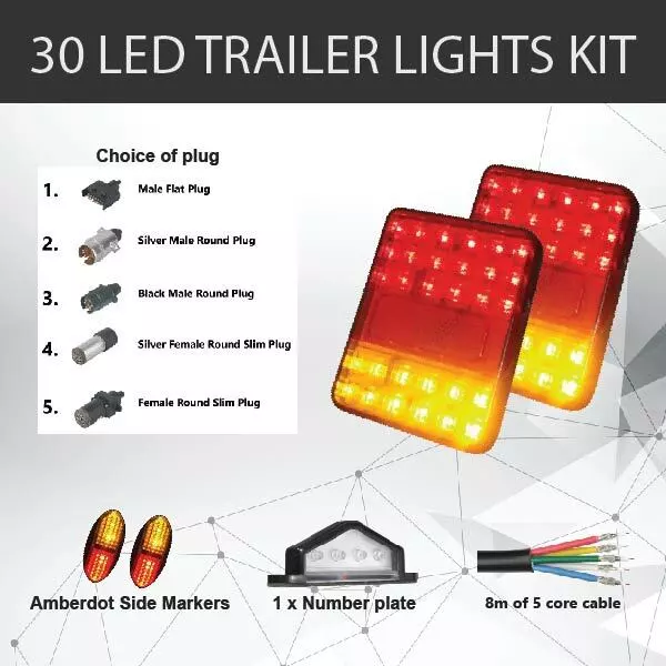 2 x 30 LED TRAILER LIGHTS KIT, Trailer Plug, CABLE, Side Marker, No. Plate Light