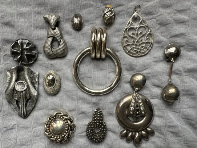 Lote De 11 Precioso Vintage Francés Diseñador Solo Pendientes Plateado Metal