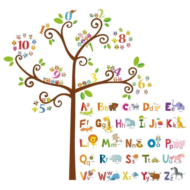Animal Alphabet Abc, Owl Numbers Tree Kids Wall Stickers Wall Decals Peel, Stick