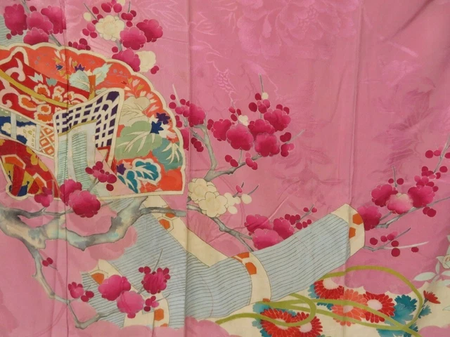 2211T05z690 Antique Japanese Kimono Silk CHU-FURISODE Plum blossom Dull pink 7