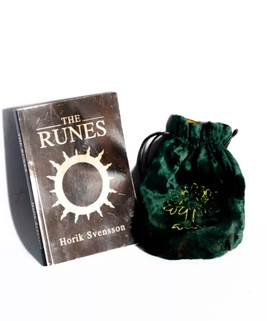 handmade Wooden runes with the Runes Book by Horik Svensson + Green Felt Bag