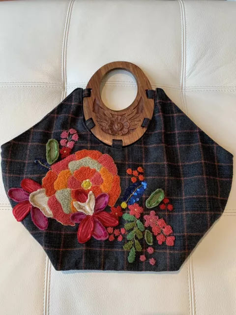 Vtg Boho Hippie Floral Plaid Wool Satchel Purse Hand Carved Wooden Handles India